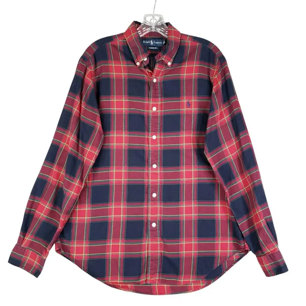 Polo Ralph Lauren Oxford Shirt Mens Medium M LS Button Down Red Plaid Blue